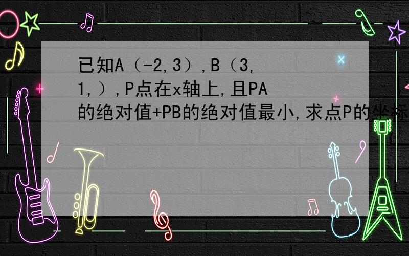 已知A（-2,3）,B（3,1,）,P点在x轴上,且PA的绝对值+PB的绝对值最小,求点P的坐标.
