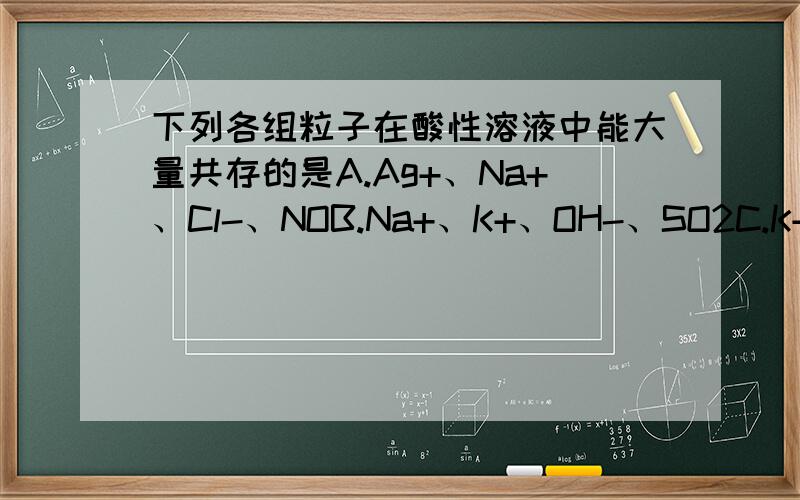 下列各组粒子在酸性溶液中能大量共存的是A.Ag+、Na+、Cl-、NOB.Na+、K+、OH-、SO2C.K+、Na+、OH-、Cl-D.Ba2+、Mg2+、NO、Cl-