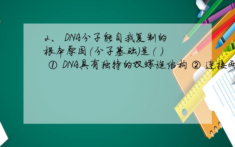 2、 DNA分子能自我复制的根本原因（分子基础）是（ ） ① DNA具有独特的双螺旋结构 ② 连接两条链的碱基有2、 DNA分子能自我复制的根本原因（分子基础）是（   ）   ①  DNA具有独特的双螺