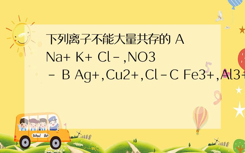 下列离子不能大量共存的 A Na+ K+ Cl-,NO3- B Ag+,Cu2+,Cl-C Fe3+,Al3+ ,Cl- NO3-D H+,Na+,Cu2+,NO3-